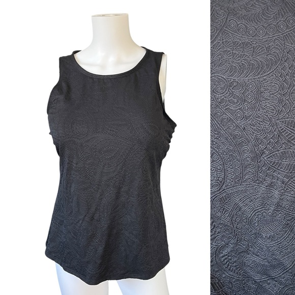 Lands End Black Tankini Swimsuit Top Textured Paisley Womens Size 12 - Picture 1 of 7